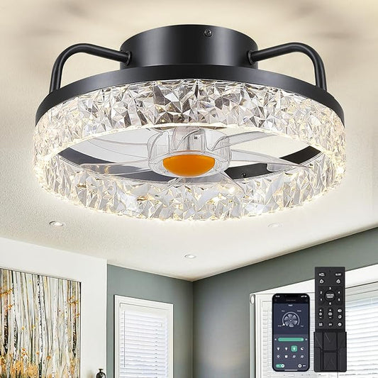 13" Ceiling Fans with Lights and Remote - Flush Mount Low Profile Ceiling Fans - Bladeless Enclosed Fans with Led Light and Stepless Dimming, Small Modern Fan for Bedroom