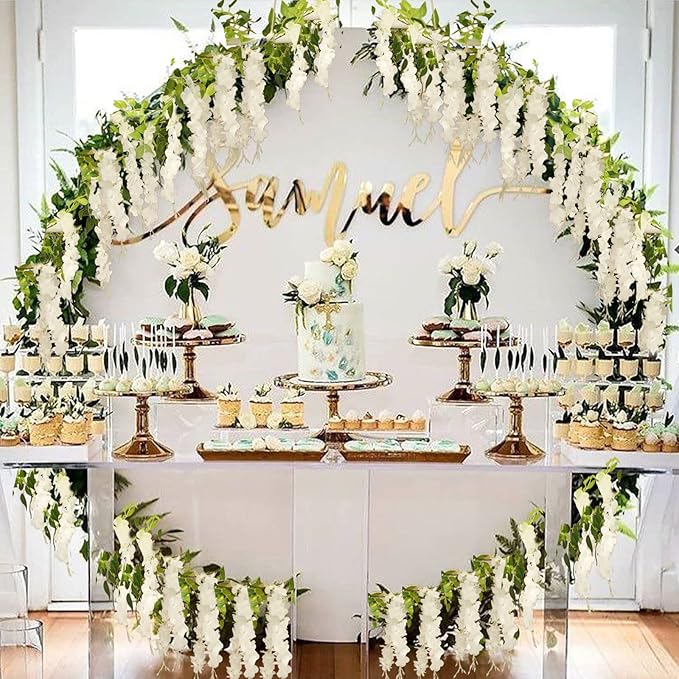 Wisteria Artificial Flowers Garland, 2Pcs Total 14.4ft Silk Faux Wisteria Vine Kit, Hanging Flower Plant for House Outdoor Garden Ceremony Outside Wedding Arch Floral Decor (2, White)