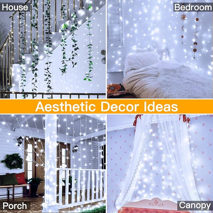 Ollny Curtain Lights 6.6x6.6ft, 200 LED White Christmas Lights with Remote 8 Modes Dimmable Timer, USB Power String Light for Bedroom Backdrop Indoor Window Wedding Decorations