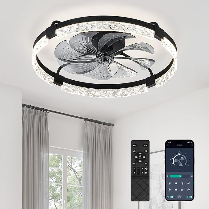 LEDIARY 24 Inch Ceiling Fans with Lights and Remote, Modern Dimmable Low Profile Ceiling Fan, Black Flush Mount Ceiling Fan with 3 CCT and 6 Speeds
