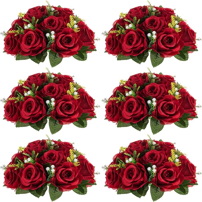 NUPTIO Flower Wedding Centrepieces for Tables - 6 Pcs 9.5in Diameter Crimson Artificial Flowers Rose Ball for Centerpieces Table - Fake Rose Arrangements for Weddings Birthday Party Decor