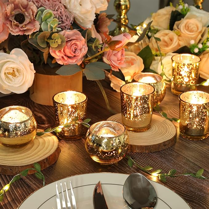 Gold Votive Candle Holders 12Pcs Assorted Gold Mercury Glass Votives Tealight Candle Holders for Table Centerpiece Wedding Bridal Shower Engagement Party Festival Holiday Home Decor