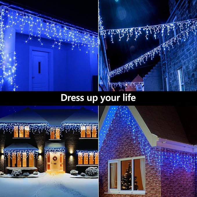 Brizled Blue Icicle Lights, 29ft 360 LED Christmas Icicle Lights with Remote, 8 Modes Christmas Roof Light with 60 Drops, Connectable Xmas Eave Light Outdoor Drop Lighting for Xmas Wedding Holiday