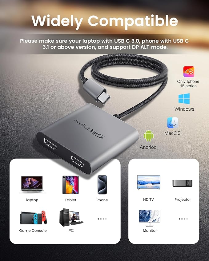 avedio links USB C to Dual HDMI Adapter 4K@60HZ, Type C to HDMI Splitter for Dual Monitors Extended Display,Compatible for USB C 3.0/3.1,Thunderbolt 3,Support Dual 4K 30Hz【MST Mode Only for Windows】