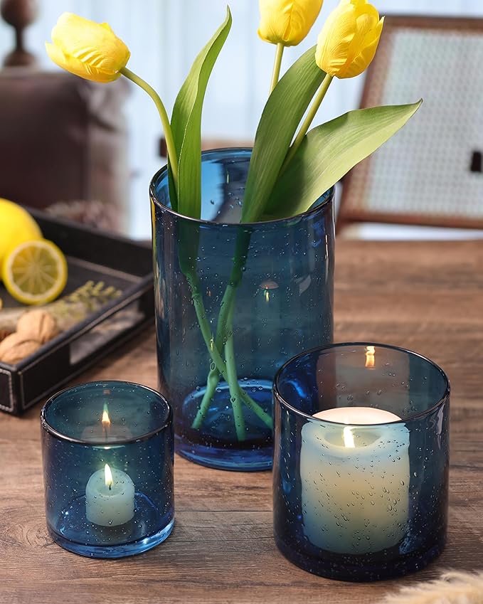Hurricane Candle Holder Set of 3 Blue Candle Holders for Pillar Candles, Seeded Bubbles Glass Candle Holder, Blue Glass Cylinder Vases for Table Centerpieces, Home, Patio and Wedding 8" 4.7" 3.5"