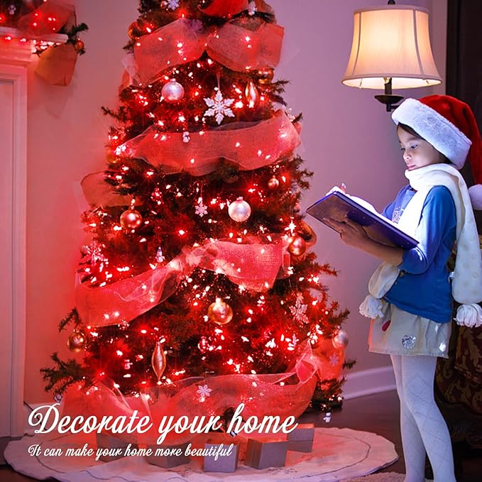 JMEXSUSS 33ft 100 LED Red Battery Operated Lights with Remote, Red Christmas Lights Battery Operated, Christmas String Light Indoor Outdoor for Tree House Yard Xmas Decor