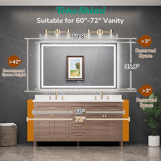 TokeShimi 60x36 LED Bathroom Mirror with 3-Color Lights,Anti-Fog LED Bathroom Vanity Mirror with Lights,Stepless Dimmable,HD Tempered Glass,Memory Function,Waterproof,Shatterproof,UL Listed