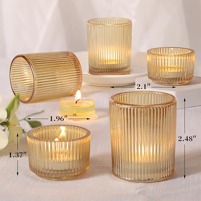 10pcs Ribbed Gold Votive Candle Holders, Assorted Glass Tea Light Candle Holders for Wedding Centerpieces, Brithday, Party and Holiday Decorations