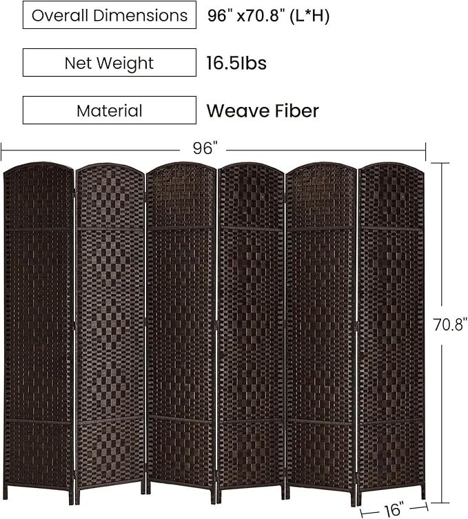 Rose Home Fashion Room Divider, 6 ft Tall Room Dividers and Folding Privacy Screens, 16in Privacy Screen 6 Panel Dark Coffee Space Temporary Wall Foldable Partition Separation