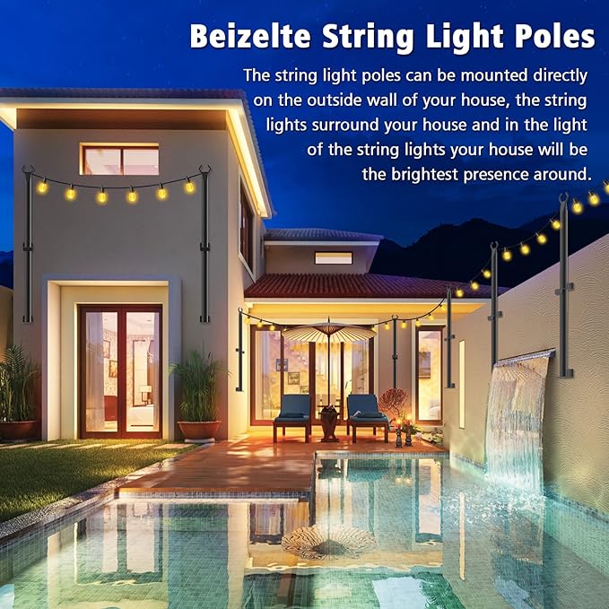 2 Pack 5Ft String Light Poles,Outside String Lights,Outdoor Light Poles,Metal Poles Stand for Patio,Backyard,Deck