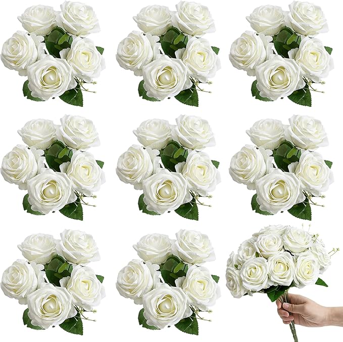 Artificial Roses Bouquets - 8 Bundles Fake Silk Flowers Realistic Faux Florals Bulk for Wedding Bridal Party Baby Shower Event Home Arrangements Centerpieces Decorations (White)