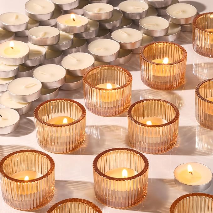 12Pcs Gold Candle Holders for Table Centerpiece, Ribbed Gold Tea Light Candle Holders with 20pcs Tea Light Candles for Wedding Decor, Home Decor and Party Decor