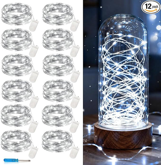 VOOKRY 12 Pack Fairy Lights Battery Operated, 30 LEDs Mini Starry String Lights 10 ft Silvery Copper Wire Lights, Works for DIY Wedding Centerpiece, Party,Table, Christmas Decorations(Cool White)