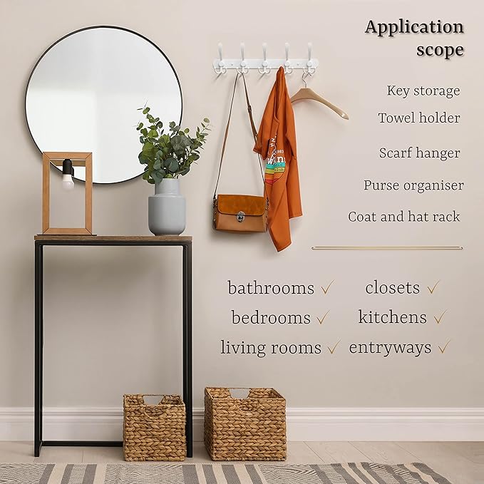 Coat Rack Wall Mount with 5 Tri Hooks, Stainless Steel 16 Inch – White Matte Finish, Heavy Duty Wall Mounted Hook Rack for Coats, Hats, Towels, Scarves, Robes, Bags, Entryway & Bathroom