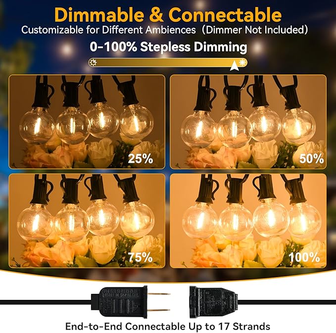 100ft Outdoor String Lights Waterproof/Connectable/Dimmable with 52 LED Shatterproof Bulbs,2-Pack 50ft UL Listed Globe G40 String Lights Outside Lighting for Patio Backyard Cafe Party Wedding Garden