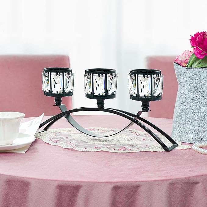 Black 3-Arm Crystal Candle Holders Arched - Elegant Tabletop Candelabra Centerpiece for Weddings, Dining Room Decor, Modern Home & Cabinet Display Housewarming