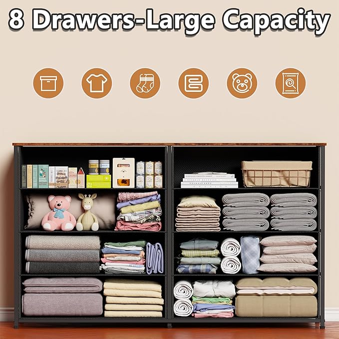 Furnulem Long Dresser for Bedroom, TV Stand for 55'' TV, Wide Storage Drawer Unit with 8 Fabric Bins, Double Dresser for Bedroom, Office, Dorm, Closet, Entryway, Wood Top (Rustic Brown)