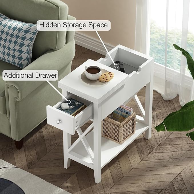 ChooChoo White End Table Set of 2, Flip Top Narrow End Table with Drawer, Accent Small Side Table Nightstand for Living Room, Bedroom, and Small Spaces