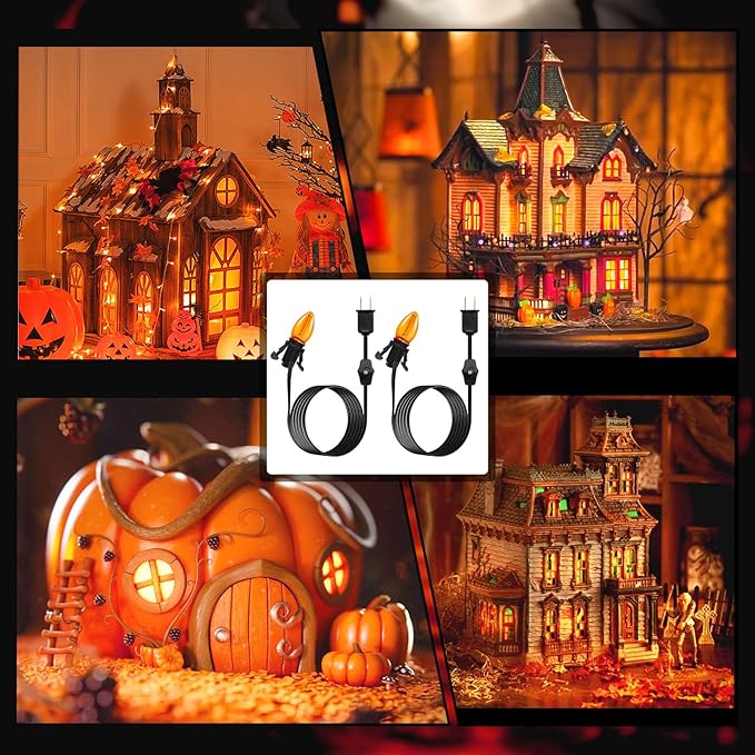 Accessory Cord with One LED Light Bulb - 6ft Cord with On/Off Switch for Halloween Pumpkin, DIY Craft Projects, Paper Lantern Halloween Decoration, Village House, Holiday Ceramic Trees, 2 Pack, Orange