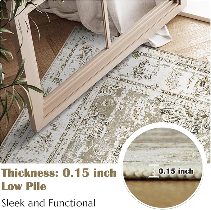 jinchan Long Hallway Runner Rug 2x12 Machine Washable Runner Rug Taupe Vintage Floral Design Non-Slip Ultra-Thin for Kitchen Laundry Room Bedroom Farmhouse (2‘x12',Taupe)