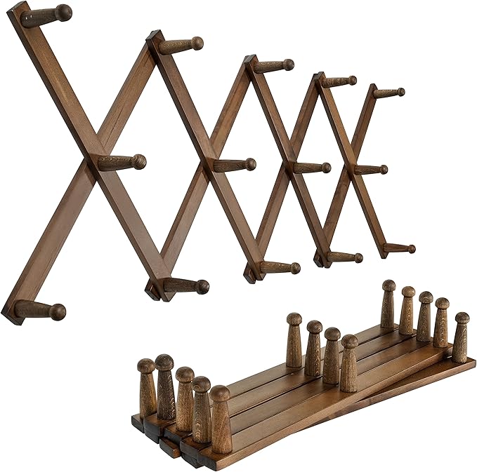 SKOLOO Hat Rack for Wall with 14 Hooks, Pack of 2, Solid Wooden, Modern, Expandable Coat Rack Wall Mount for Coats, Hats, Bags, Baseball Caps, Walnut Color