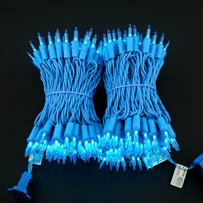 YULETIME 200 Blue LED Christmas Lights with Blue Wire, Pack of 2 Strands 33 Feet 100 Lights UL Certified Holiday String Light Set