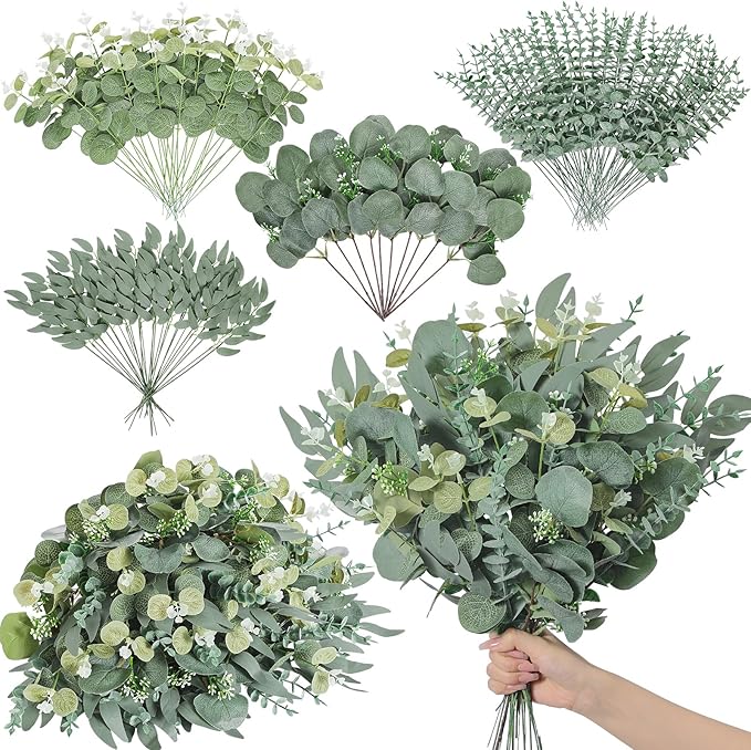 Serwalin 100pcs Artificial Mixed Eucalyptus Stems Leaveas Bulk, 4Kinds Fake Grennery Silver Dollar Eucalyptus Leaves Picks,Faux Greenry Stems Sprays for DIY Bouquets Floral Arrangement Home Decor