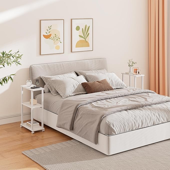TUTOTAK Small Side Table, Narrow End Table, Bedside Table, Set of 2, Couch Side Table with Wheels for Living Room or Bedroom, White TB01BW0612