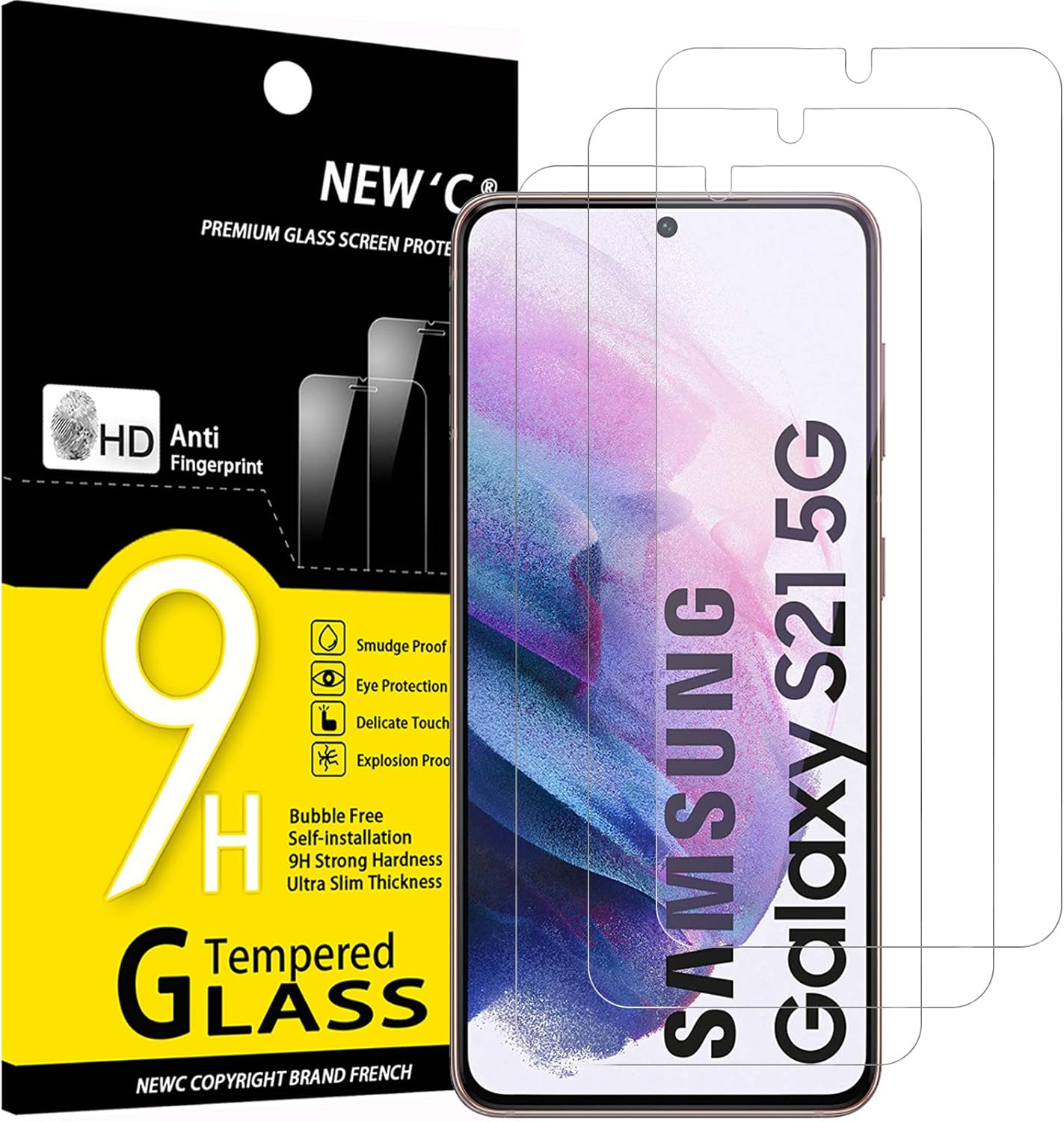 NEW'C Tempered Glass Screen Protector for Samsung Galaxy S21 5G (6.2) - Pack of 3, 9H Hardness, Anti-Scratch,