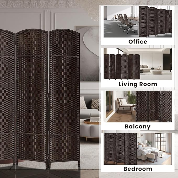 Rose Home Fashion Room Divider, 6 ft Tall Room Dividers and Folding Privacy Screens, 16in Privacy Screen 8 Panel Dark Coffee Space Temporary Wall Foldable Partition Separation