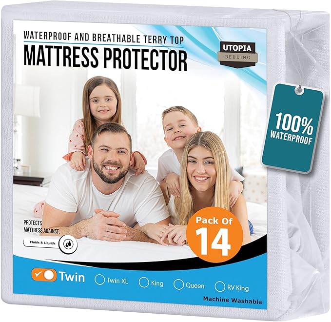 Utopia Bedding Waterproof Mattress Protector Twin Size (Pack of 14), Premium Terry Mattress Cover 200 GSM, Breathable, Fitted Style with Stretchable Pockets (White)