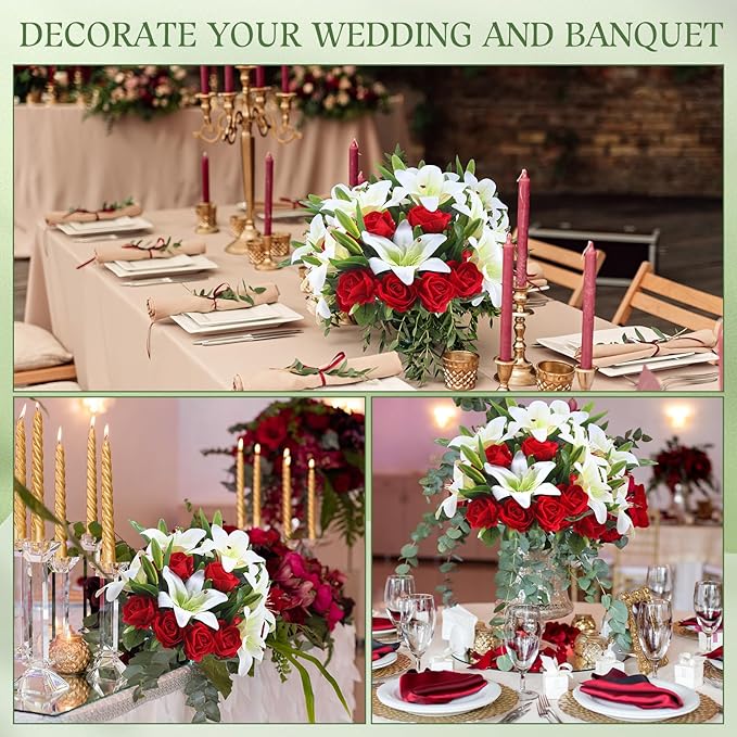 Hotop 20 Pcs Artificial Flowers Velvet Realistic Roses and Latex Lilies Flowers Bouquet Decorations Arrangements for Home Table Centerpieces Independence Day(White, Red)