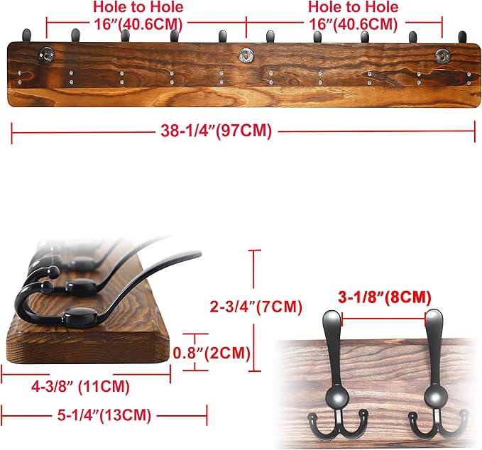 Dseap Coat Rack Wall - Heavy-Duty 38-1/4" Long, with Reinforced 10 Custom Tri-Hooks, Solid Wood Wall Hanger for Coats Hat Jackets - Rustic Farmhouse Entryway Storage, Natural & Black, Pack of 2