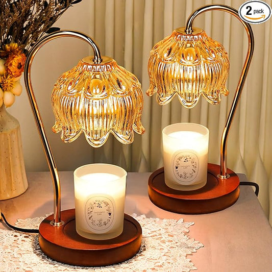 Flower Candle Warmer Lamp 2 Pack, Candle Lamp with Timer, Christmas Birthday Gifts for Women Mom, Lamp Candle Warmer for Jar Candles, Home Decor, 4 Bulbs, Amber