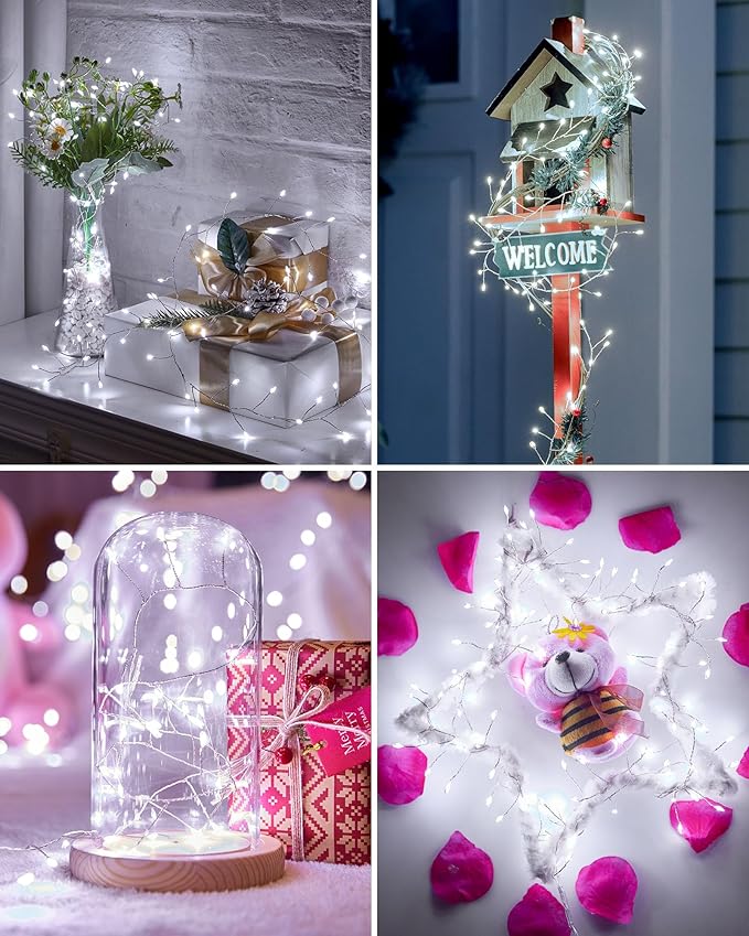 Pure White Battery Operated Fairy Lights, 2 Pack Totally 20 FT 240LED Twinkle Firecracker String Lights, Waterproof Cluster Lights for DIY Indoor Wreath Wedding Bedroom Christmas Decoration
