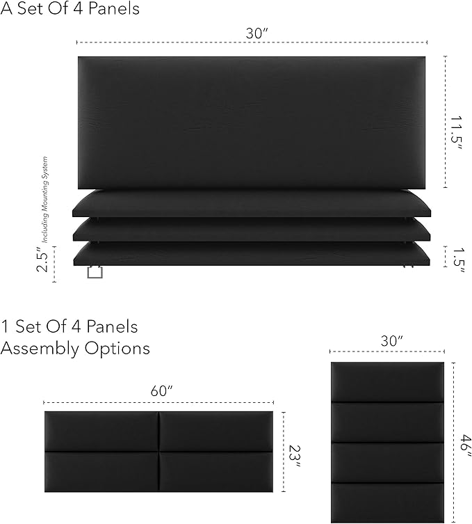 Vänt Upholstered Wall Panels - Queen/Full Size Wall Mounted Headboards - Vintage Leather Jet Black - Set of 4 Panels (Each Individual Panel 30"x11.5")