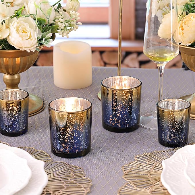 Volens 12pcs Assorted Navy Votive Candle Holders, Large Speckles Mercury Glass Votive & Tealight Candle Holder Bulk for Wedding Table Centerpiece, Navy and Gold Themed Party Decorations and Home Decor