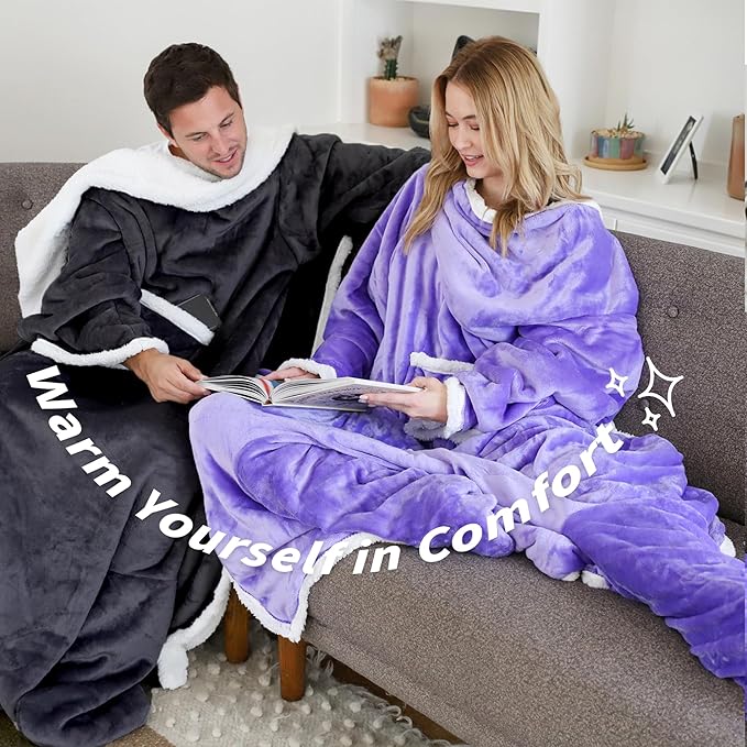 Catalonia Sherpa Wearable Blanket with Sleeves & Foot Pockets for Adult Women Men, Comfy Snuggly Wrap Sleeved Throw Blanket Robe, Gift Idea, Black