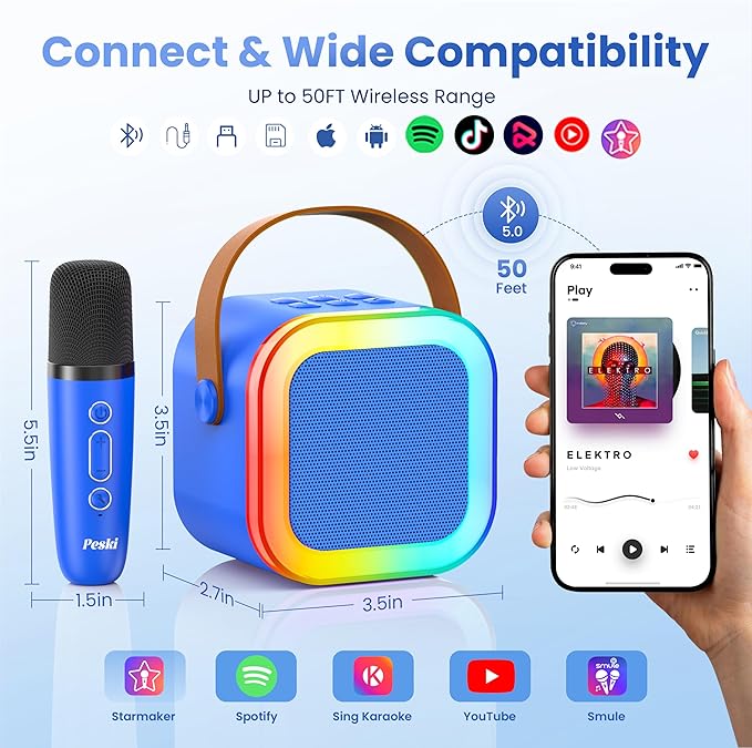 Mini Karaoke Machine for Kids Adults, Portable Karaoke Microphone Singing Speaker Bluetooth Karaoke Player with 2 Wireless Mic, Birthday Gifts for Girls Boys 4-12 Year Old, Family Home Party(DeepBlue)