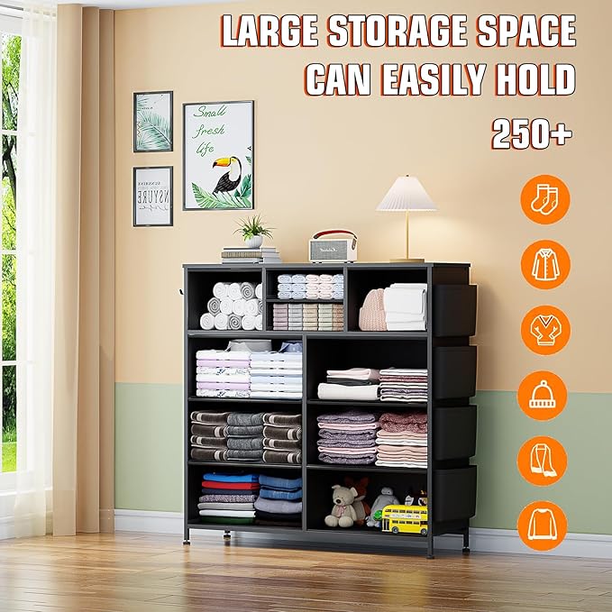 Dresser for Bedroom with 10 Drawers, Chest of Drawers with Side Pockets, Hooks, Wooden Top and Sturdy Metal Frame, Fabric Dresser Drawers for Living Room, Hallway (Black Wood Veins)