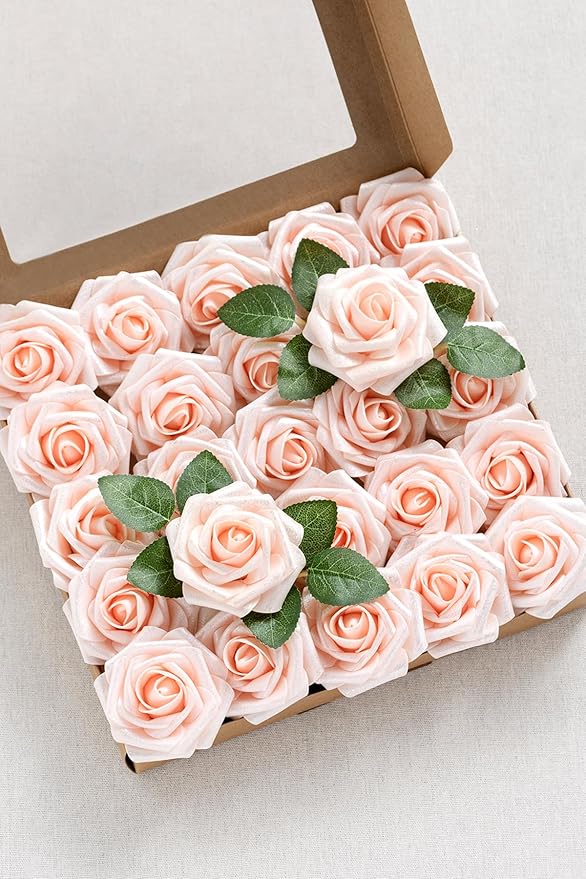 Ling’s Moment Artificial Flowers 25Pcs Glowing Blush Roses Decor w/Stems,3" Real Touch DIY Foam Floral for Wedding Bouquet/Centerpieces, Outdoors Party Backdrop, Room/Table, and Garden/Pot Decorations