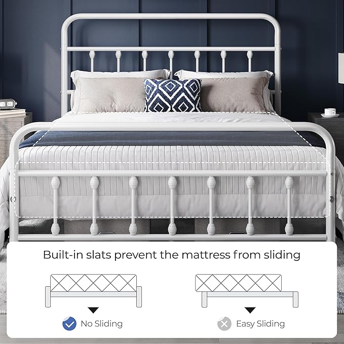 Yaheetech Classic Metal Platform Bed Frame Mattress Foundation with Victorian Style Iron-Art Headboard/Footboard/Under Bed Storage/No Box Spring Needed/Queen Size White