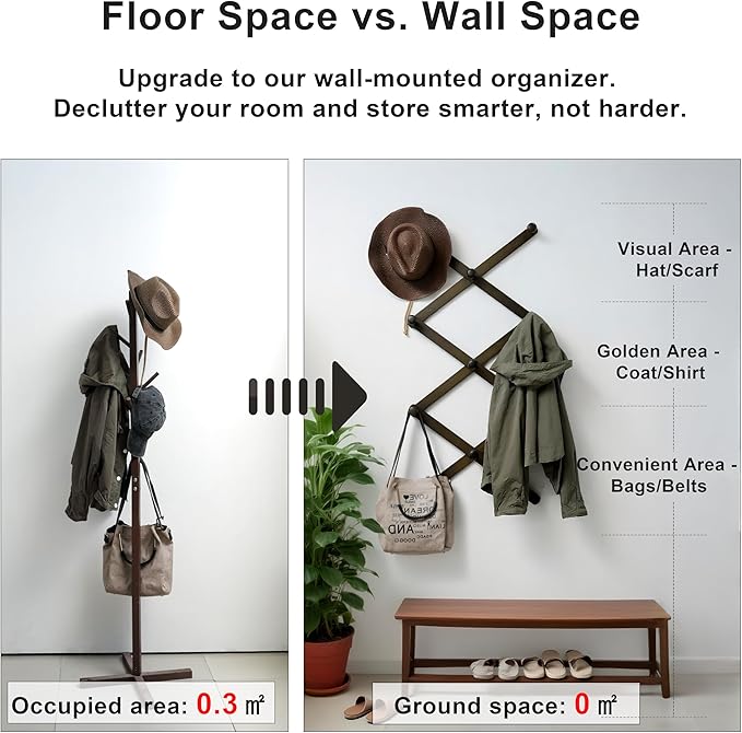SKOLOO Hat Rack for Wall with 11 Hooks, 24 inch Solid Wooden, Modern, Huge Coat Rack Wall Mount for Coats, Hats, Bags, Cowboy Caps, Baseball Caps, Dark Walnut Color