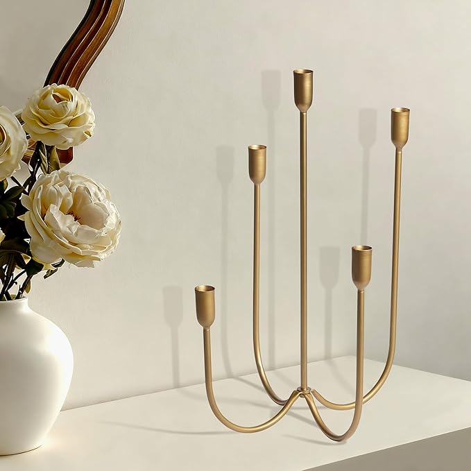 Perfnique 5-Candle Iron Candelabra, 17 Inch Antique Brass Gold Candle Holder, Hand-Forged Cast Gold Candle Holder for Wedding, Event, Christmas & Dining, Table Centerpiece Décor