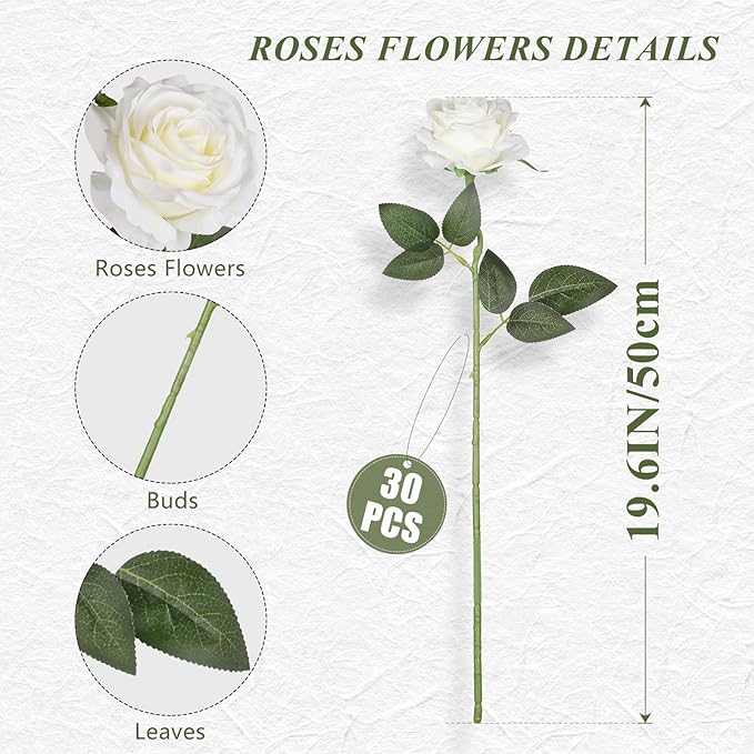 JUSTOYOU 30PCS Artificial Roses Silk Flowers in Bulk, Realistic White Fake Roses for Wedding Decorations, Home Decor, Centerpieces, Indoor Floral Arrangements