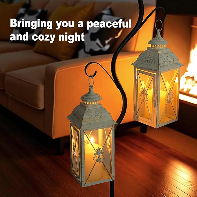 TRIROCKS Set of 2 Vintage Hanging Lantern - 13.5'' Decorative Metal & Tempered Glass Candle Holder - Ideal for Indoor/Outdoor Events, Patio, Garden, Parties White & Gold Brush Finish