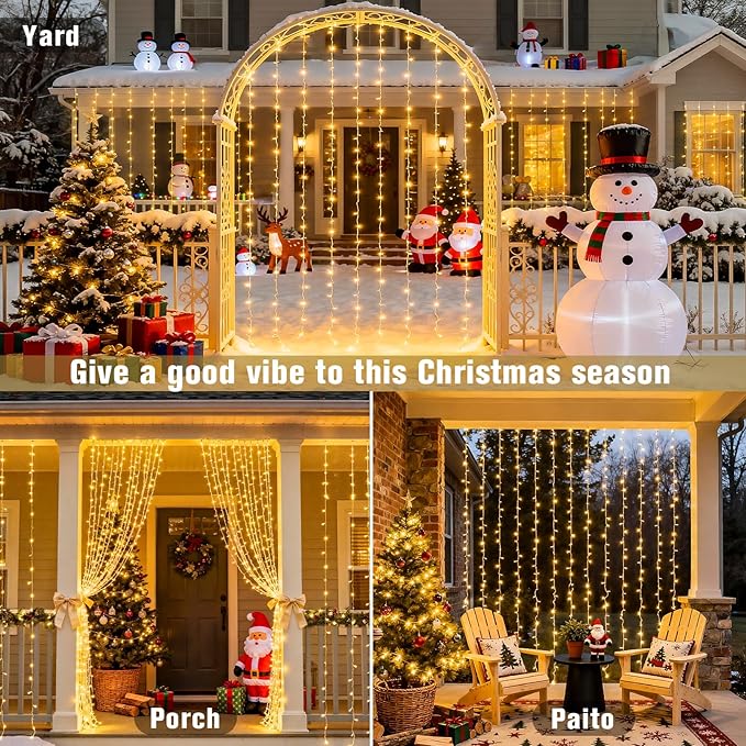 JMEXSUSS 900 LED Outdoor Christmas Curtain Lights, 9.5x29.5ft Christmas Lights Plug in with Remote, Twinkle Hanging String Light for Bedroom Wall Wedding Backdrop Window Gazebo Decor, Warm White