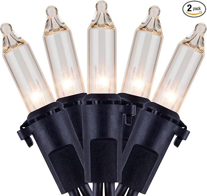 YULETIME Clear Christmas Lights with Black Wire, Pack of 2 Strands 33 Ft 100 Count UL Certified Incandescent Mini String Lights (Clear - Black Wire)