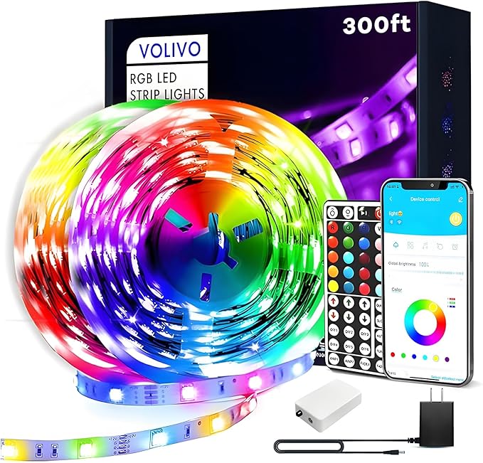 VOLIVO 300ft Led Strip Lights for Bedroom, Color Changing Led Light Strips Kit with 24 Keys IR Remote and Smart App Control, RGB Music Sync Lighting for Room, Home Decor