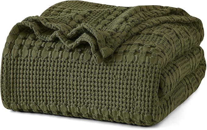 PHF 100% Cotton Waffle Weave Blanket King Size for Bed, Soft Lightweight & Breathable, All-Season Comfort, Luxury Aesthetic Woven Bedding for Home Decor, 108"x90", Capulet Olive